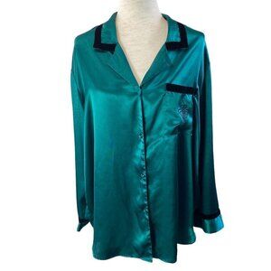 Vintage Inner Most Lingerie Sleepshirt Sz XL Green Shiny Satin Black Velvet Trim